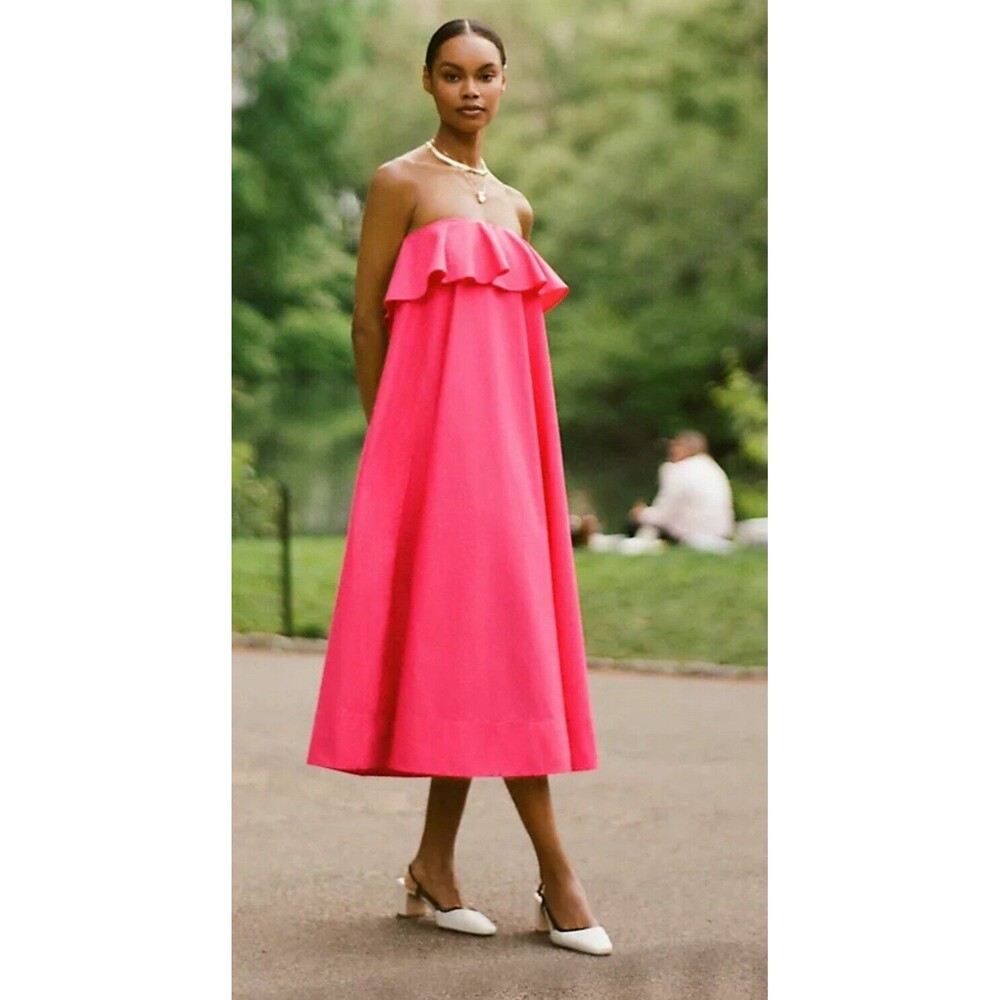 Anthropologie Midi Dress Women Pink A Line Strapless Flounce Preppy Medium NWT